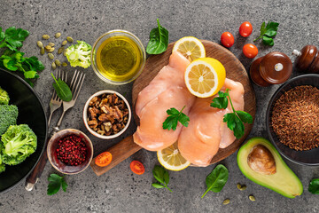 Raw ingredients for cooking healthy food top view