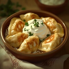 Close-up of a rice bowl with Polish pierogi and sour cream. Featuring a savory and rich dish. Highlighting the texture and flavors of the pierogi. Ideal for food and cultural themes.