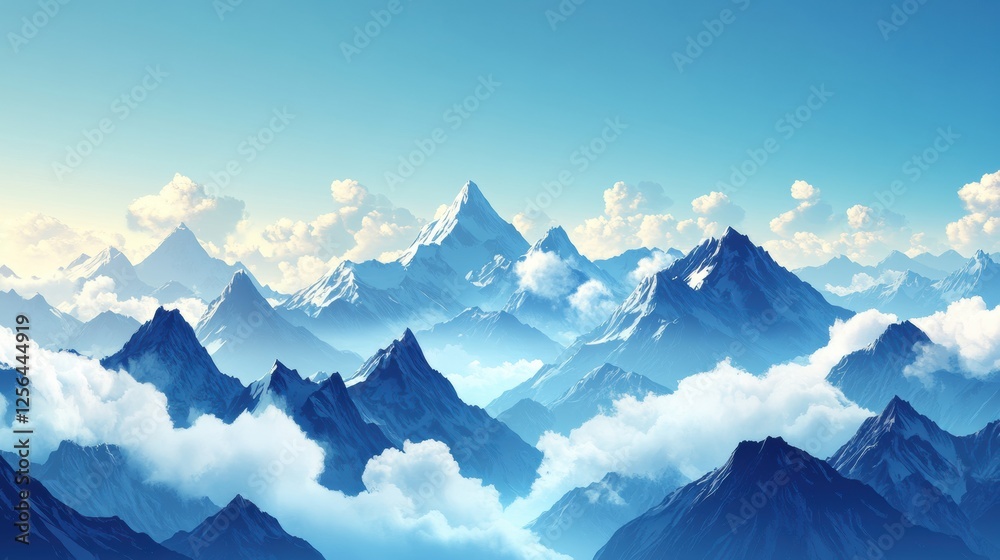 Fototapete majestic mountain range with soft clouds floating under a vast blue sky, offering a serene backdrop 