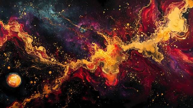 Bold and striking cosmic composition with fragmented nebula patterns in fiery crimson and gold symbolizing the raw intensity and power of loves connection no people. Crimson Nebulas. Illustration