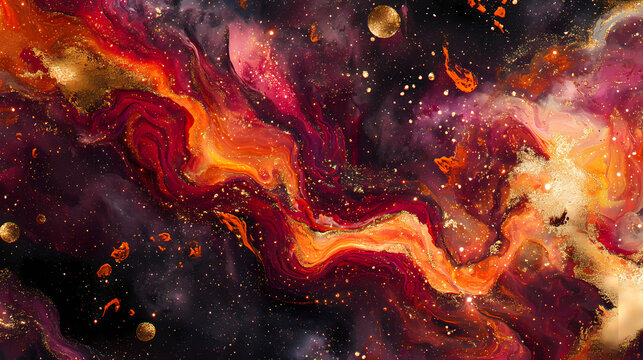 Bold and striking cosmic composition with fragmented nebula patterns in fiery crimson and gold symbolizing the raw intensity and power of loves connection no people. Crimson Nebulas. Illustration