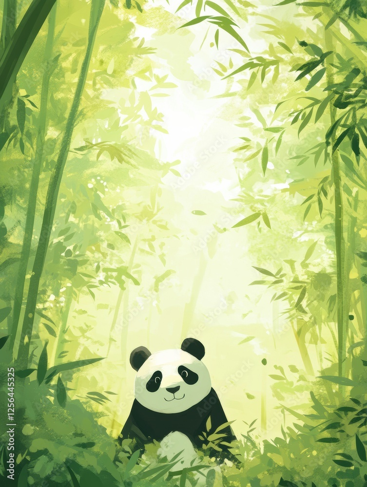 Poster Panda enjoys a peaceful moment in a lush bamboo forest surrounded by vibrant greenery. Generative AI