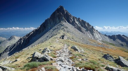 A rocky mountain peak under a clear blue sky, showcasing nature's beauty.