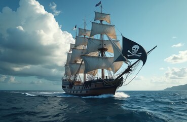 Pirate ship sails across blue sea, waves, displaying black skull flag. Ocean adventure, nautical theme. Vessel voyage, coastline, seascape view. Exploration, freedom concept. Historical fantasy,