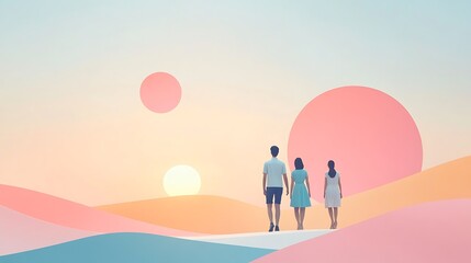Fototapeta premium Three Silhouettes Walk Towards a Pastel Sunset Landscape