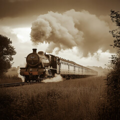 Obraz premium Vintage steam train travels through the countryside, releasing plumes of smoke into the overcast sky. The sepia tone adds a nostalgic feel to the historic transportation scene.