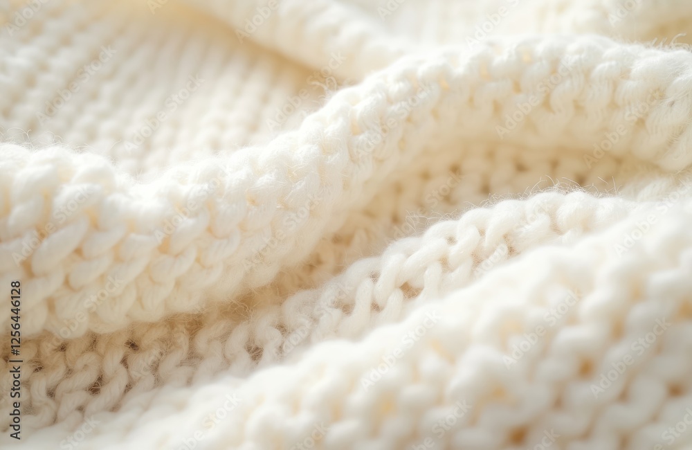 Poster Knitted surface of woolen apparel as background. Close-up soft white texture shows knitted patterns. Warm winter clothes and fashion. Textile surface ideal for background with copy space.