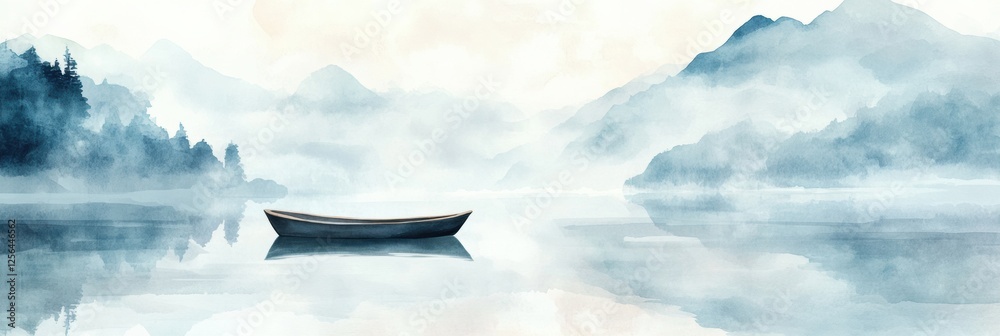 Aufkleber Serene watercolor illustration of a rowboat on a calm mountain lake with a blank sky for text space and peaceful ambiance. Generative AI