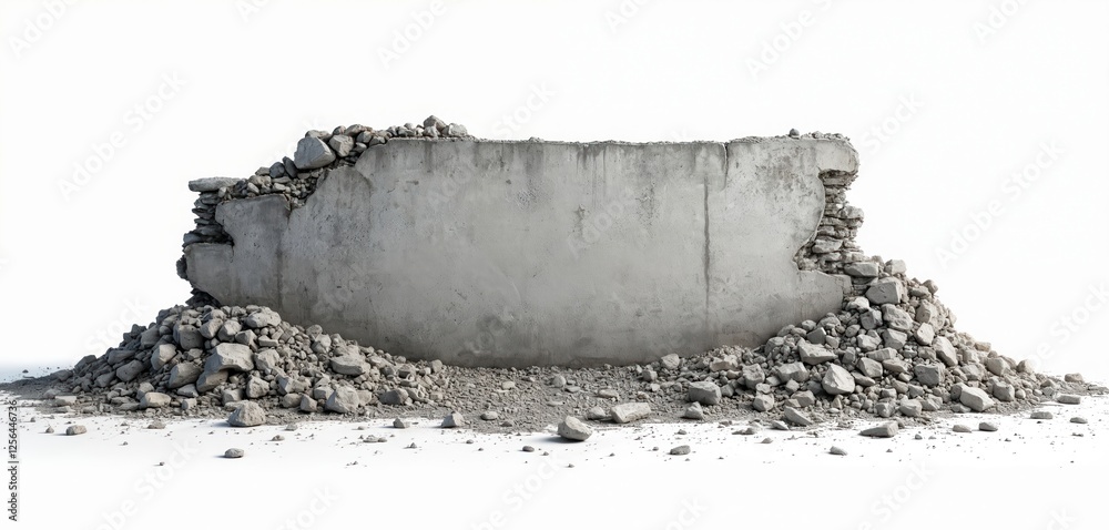 Aufkleber crumbling concrete wall isolated on white background with rubble pile at base. shows destruction, fr