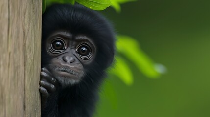 Obraz premium Curious baby monkey peeks from behind a tree in a lush forest setting