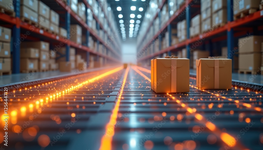 Aufkleber Boxes move on conveyor belt in smart warehouse management system. Modern cargo delivery concept. Futuristic supply chain automation. Logistic business with AI tech, digital cyberspace solutions.
