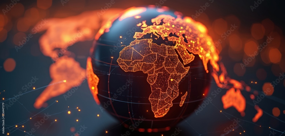 Aufkleber Digital visualization of global network on dark background features orange data points connecting continents. Perfect for themes like earth tech, global business, international communication,