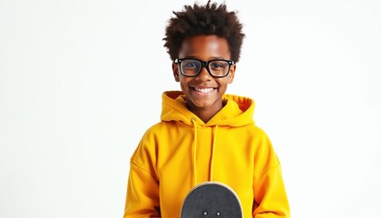 Smiling young african boy in glasses, yellow hoodie holding skateboard. Happy afro child with skateboard on white background. Active teen with cool smile. Stylish portrait of youth with energy.