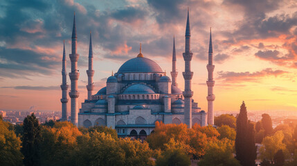 Sultanahmet or Blue Mosque with crescent moon. Islamic concept image. Ramadan kareem or eid mubarak or kadir gecesi or laylat al-qadr background.