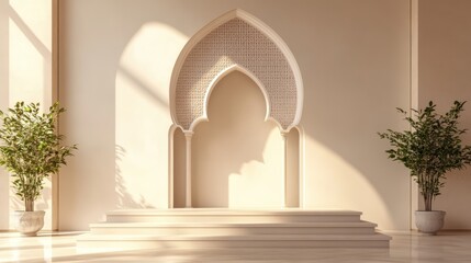 Elegant Islamic Architectural Design Featuring Decorative Arch and Potted Plants in Minimalist Interior Space Perfect for Celebrating Ramadan, Eid Mubarak or Muharram with Ample Copy Space
