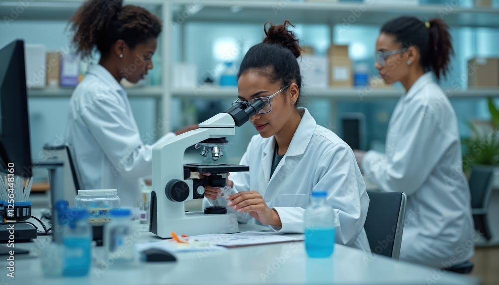 Poster African scientist checks virus sample using microscope in modern lab. Multiethnic team examines vaccine evolution using high tech for scientific research to develop treatment against covid19, virus,