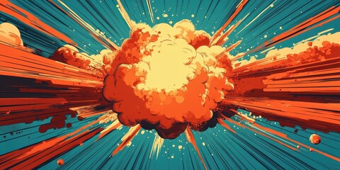 Vibrant and Dynamic Abstract Explosion with Radiating Energy Beams in a Cartoon Style Art Featuring Bold Orange and Blue Colors in a Central Burst