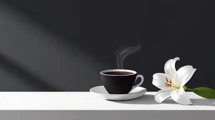 Obraz premium A cup of coffee on a saucer with a flower on a table nearby