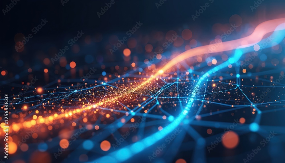 Wall mural abstract tech network data connections with orange, blue glowing dots, lines. artificial intelligenc