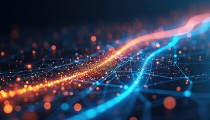 Abstract tech network data connections with orange, blue glowing dots, lines. Artificial intelligence neural network, machine learning, cloud computing concept. Digital transformation strategies,