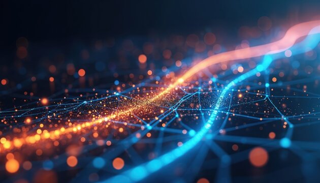 Abstract tech network data connections with orange, blue glowing dots, lines. Artificial intelligence neural network, machine learning, cloud computing concept. Digital transformation strategies,