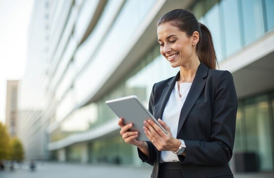Smiling female entrepreneur in business suit reads tablet outdoor. Young successful caucasian woman uses portable computer standing outside modern office building. Happy pro with wireless device