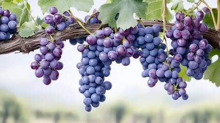 Fototapeta premium Grape clusters flourish on vines under a clear sky, representing unity and blessings, often linked to spiritual celebrations like Maundy Thursday and Easter