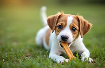 Cute healthy puppy chews snack, cleans plaque from teeth on green grass. Tartar prevention concept. Dog, jack russel terrier, natural dental care, outdoor summer treat in mouth.