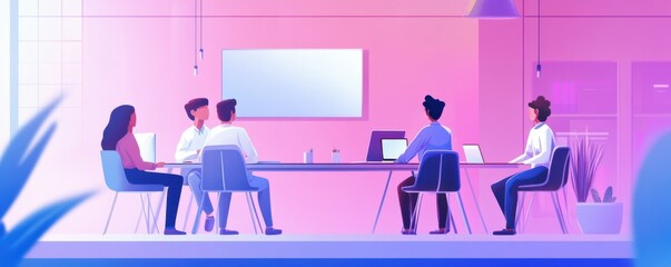 Diverse team in modern office meeting with laptops and presentation screen