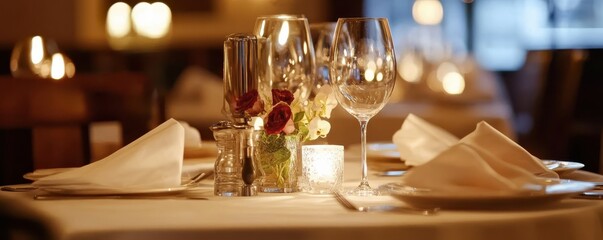 Elegant fine dining table setting with wine glasses and candlelight ambiance