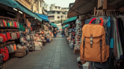 Fototapeta premium Backpack displayed at Asian market; shoppers browse stalls