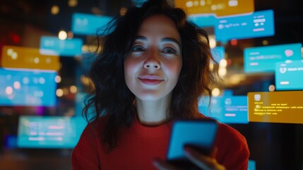 Woman Using Smartphone with Floating Social Media Notifications &ndash; Digital Communication and Online Connectivity