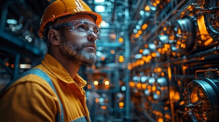 Fototapeta premium A focused technician gazes at complex machinery in a modern industrial facility, emphasizing concentration, technology, and the collaborative effort in the engineering field.