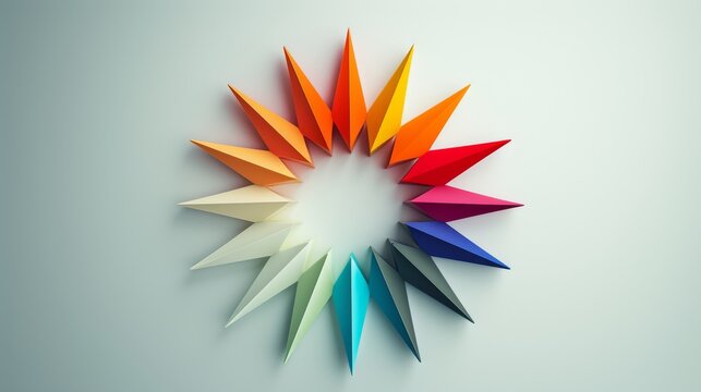 A vibrant starburst made of sharp geometric shapes in a spectrum of vivid colors, creating a dynamic and visually striking abstract composition. AI generated.