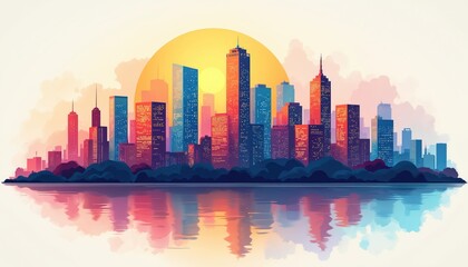 Obraz premium Vibrant skyline illustration of colorful city panorama with modern buildings, skyscrapers on sunset. Urban landscape reflects in water. Perfect for architectural designs, metropolitan backgrounds.