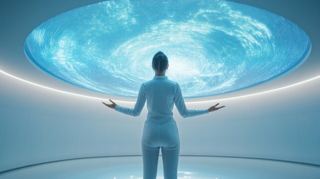 Scientist presenting holographic earth projection in futuristic laboratory, showcasing global data analysis