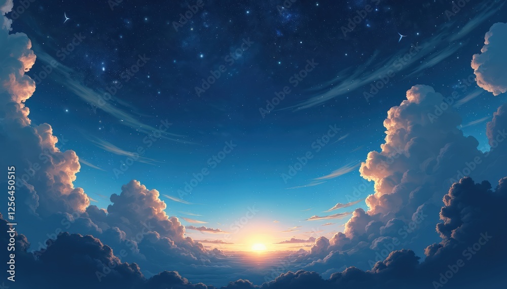 Aufkleber anime night sky with clouds and bright stars. sky with shiny galaxy and nebula and planet and clouds