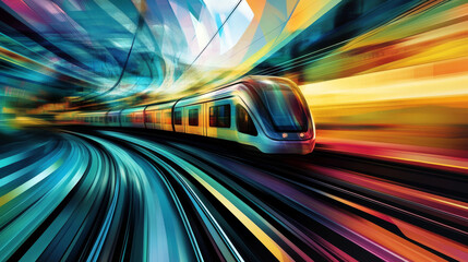 Abstract high-speed train-themed background featuring dynamic geometric patterns, colorful waves, and sleek design lines, evoking motion and futuristic innovation.