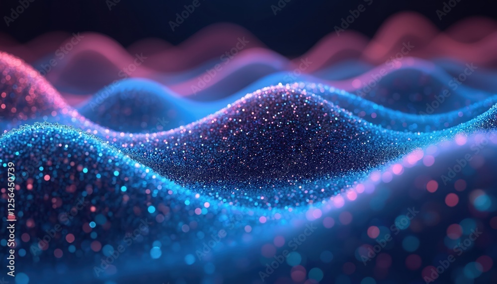 Poster futuristic abstract background. glowing blue, pink gradient waves made of dots. represents sound wav