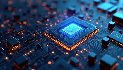 Illustration of futuristic fintech ecosystem with high-speed broadband driving digital banking payments through blockchain innovation. Electronic circuit board shows connectivity, security,