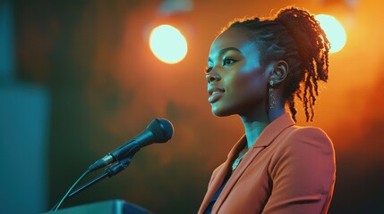 Confident African Woman Speaking on Stage Under Spotlight with Passion
