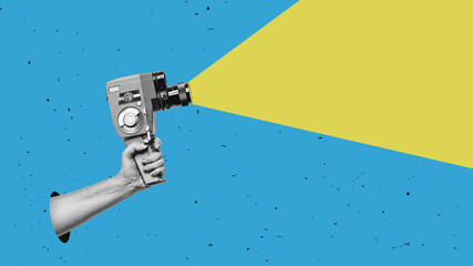 A hand holding retro film camera. Vintage cinema poster. Contemporary flat design art collage.