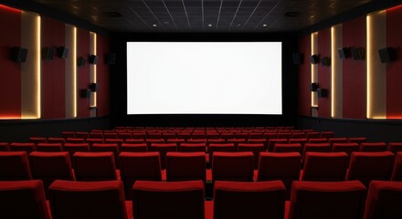 Fototapeta premium A cinema interior view showing an empty theater with plush red seats