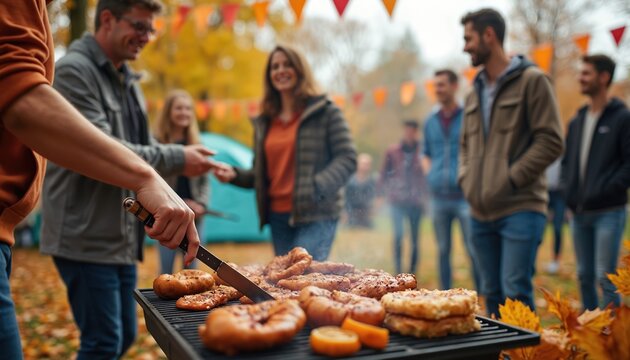 People at tailgate party outdoors grilling meat, chatting cheerfully. Autumn leaves, team flags create festive mood. Cheerful friends celebrate sport event with bar-b-q at social gathering. Outdoor