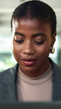 Black woman, laptop and journalist typing in office, news draft and email source to verify story. Closeup, publishing agency and online for column research, proofreading and reporter for spell check