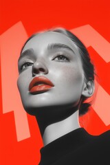 High-Fashion Black and White Portrait with Bold Red Lips, Artistic Beauty Photography with Dramatic Contrast and Modern Graphic Background