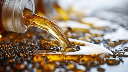 Golden Motor Oil Pouring from a Bottle, High-Quality Engine Lubricant Spilling with Smooth Texture and Reflective Surface, Automotive Maintenance Concept