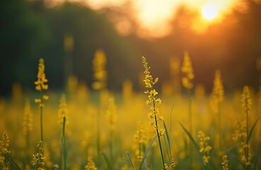 Obraz premium Soft focus sunset field landscape with yellow flowers, grass meadow, warm golden hour. Sunrise time. Tranquil spring summer nature close-up, blurred forest. Idyllic meadow floral nature. Perfect