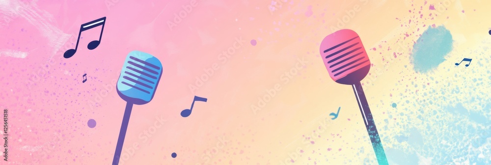 Poster K pop inspired minimalist background featuring microphones and music notes in vibrant colors. Generative AI