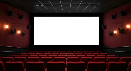 Fototapeta premium A cinema interior view showing an empty theater with plush red seats